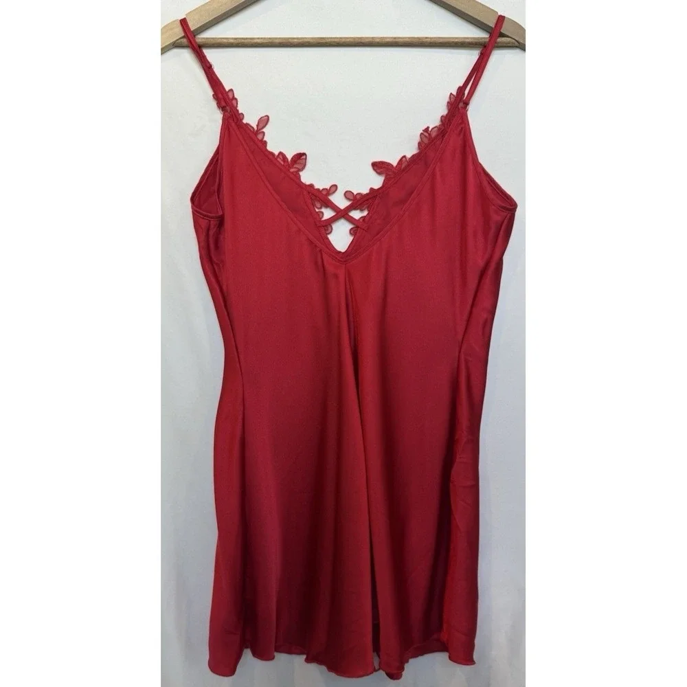 Vintage 90s Shirley Hollywood Satin‎ Lace Mini Cami Slip Dress Size M Red Sheer